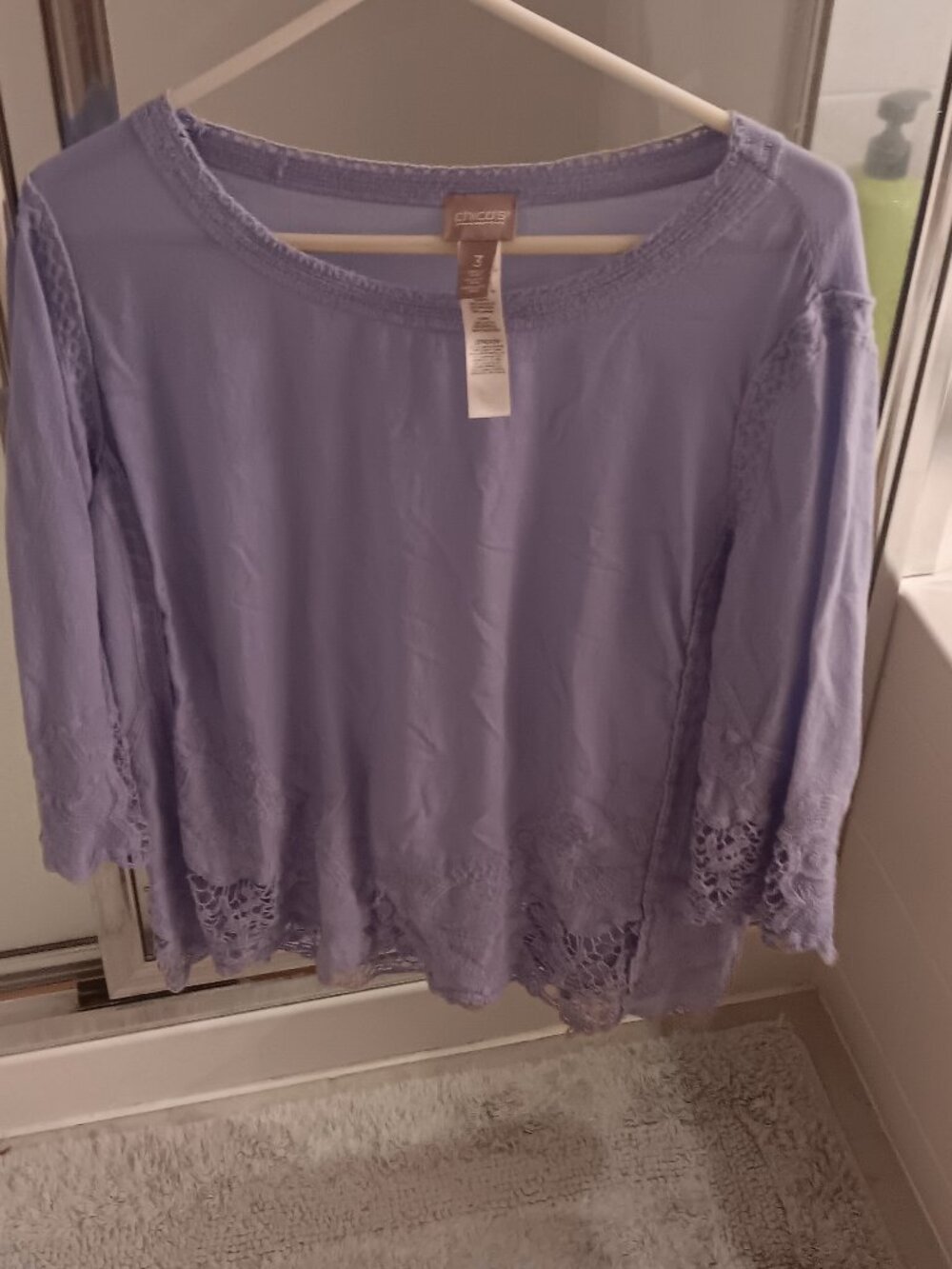 Chico's periwinkle blue/lavender knit top featuring embroidered crochet lace